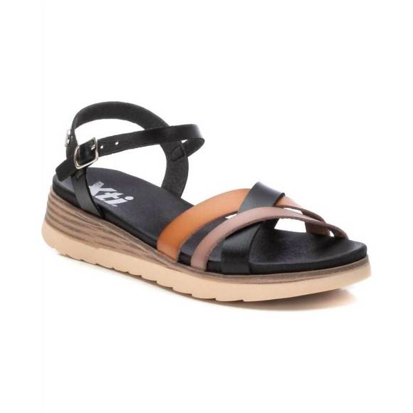 NEW XTI women's low wedge strappy sandals in black - Picture 1 of 3